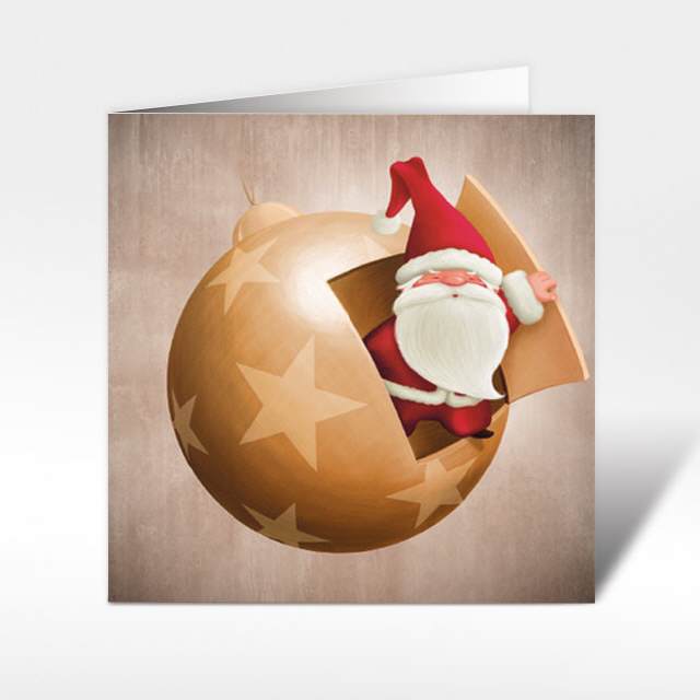 Weihnachtskarte Weihnachtsmann in Kugel, 150 x 150