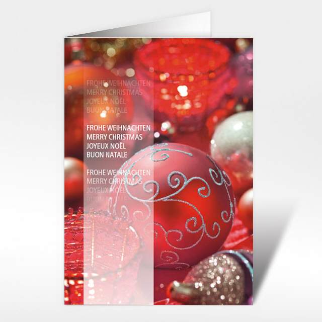 Weihnachtskarte mit roter Weihnachtskugel & Text