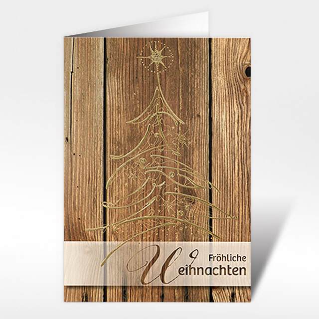 Weihnachtskarten mit Tannenbaum auf Holz, A5 hoch