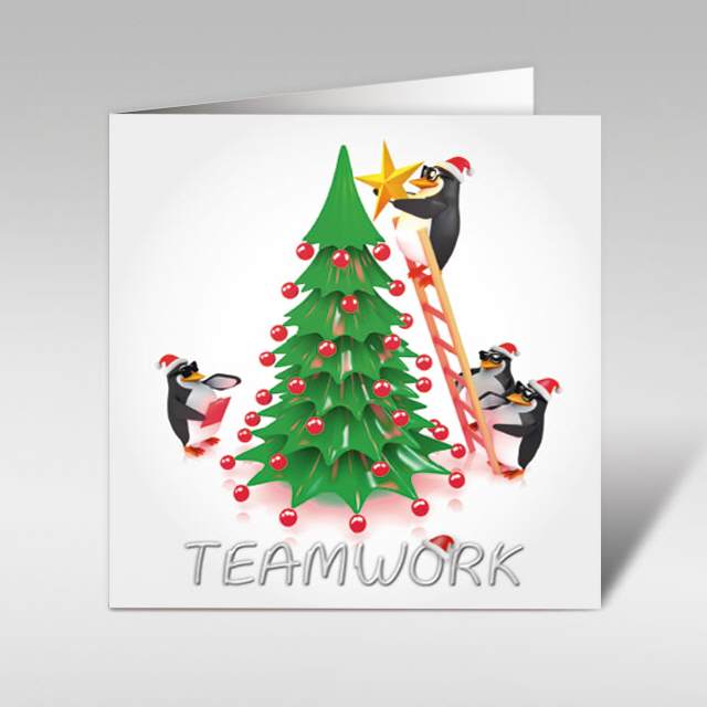 Teamwork, Pinguine mit Christbaum 150 x 150